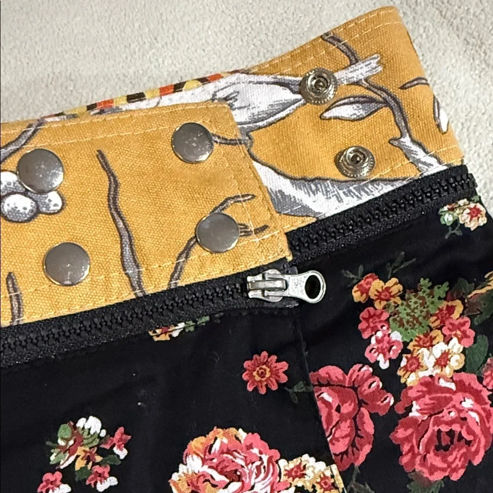 Zand Amsterdam Black Floral Mini Skirt with Yellow Contrast Waistband